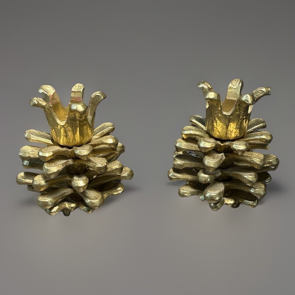 Vintage‎ Brass Pine Cone Candle Holders Set Of 2 Korea Rustic MCM Heavy